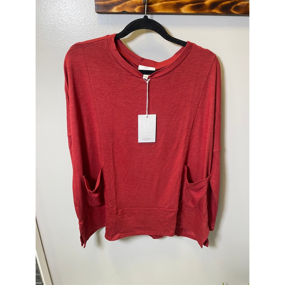 Andree by Unit Womens Brick Red Slub Knit Long Sleeve Pocket Top Small NEW